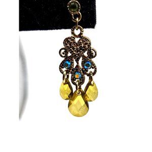 NOS 1928 Jewelry Co Dangle Earrings Olive Green AB Crystal Drops Vintage Pierced